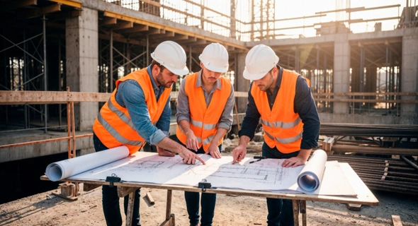 Construction team reviewing blueprints on site in Los Angeles by Best General Contractor LA