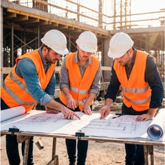 Construction team reviewing blueprints on site in Los Angeles by Best General Contractor LA
